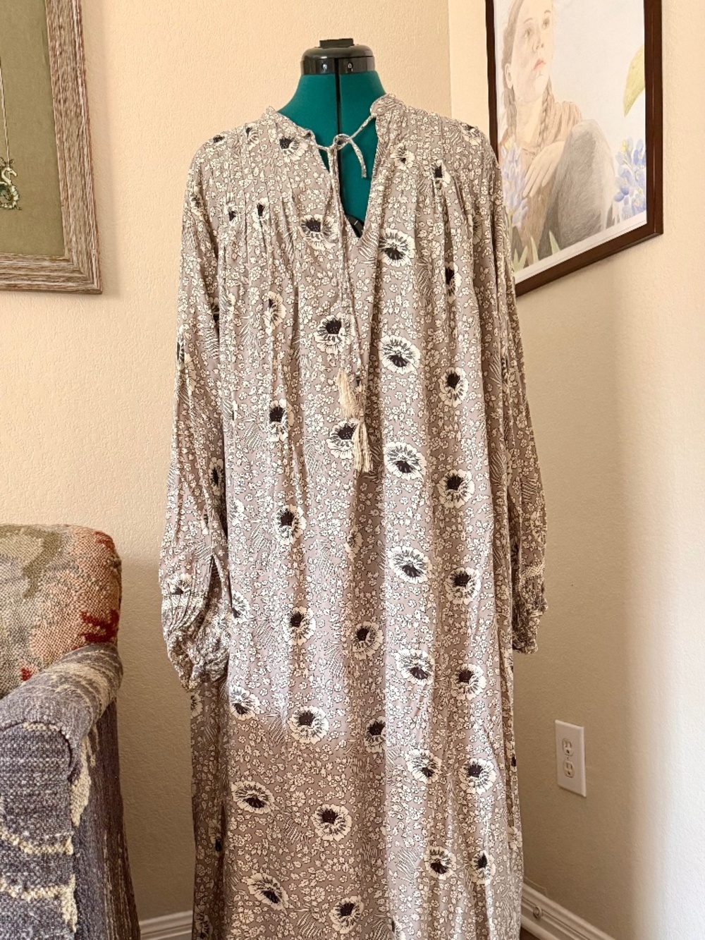 NATALIE MARTIN Floral Rayon Maxi Dress – Size L - Taupe with Black & Cream Print